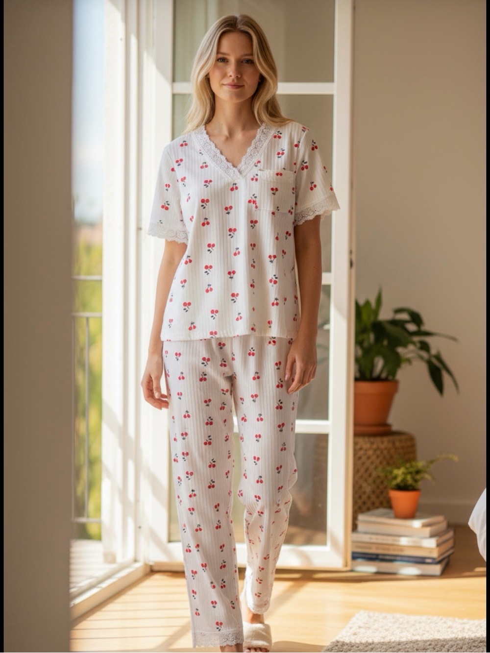 Faire Women’s Pajama Set White Cherry-Print Lace-Trim Blouse & Pants